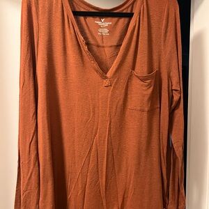 American Eagle Outfitters Women's Rust V-Neck long sleeve top